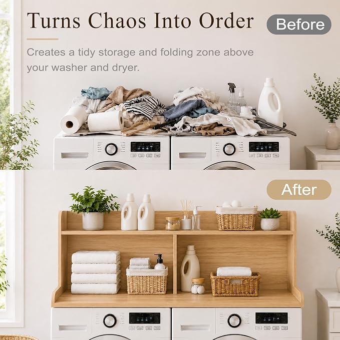 Royxen Laundry Countertop with 20“ Shelf Universal Fit, Washer and Dryer Countertop with Storage Space, Oak