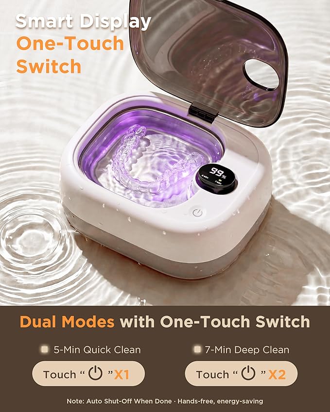 UEOFEN Cordless Ultrasonic Retainer Cleaner: 10-14 Cleans per Charge, 7-Day Travel Power - Smart Battery Percentage Display & UV Light - Compact for Retainers, Aligners, Partial Dentures, Jewelry