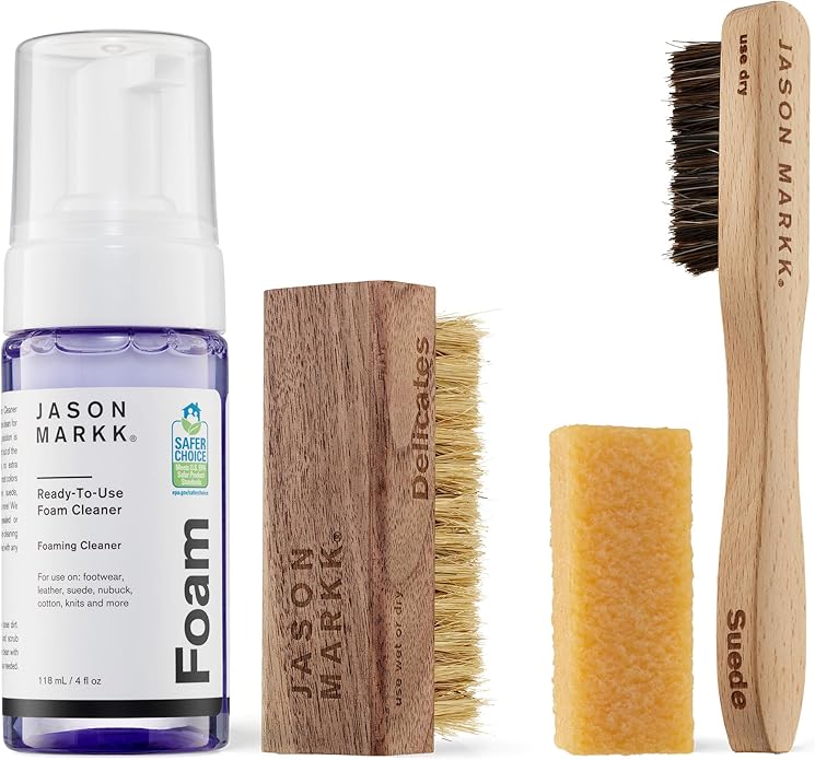 Jason Markk Quick Clean & Suede 4-Piece Cleaning Kit Bundle, Suede Brush & Stain Eraser, Ready-To-Use Foam & Delicates Brush, Safe for Leather, Suede, Nubuck, Cotton, Wool, Felt, Knits