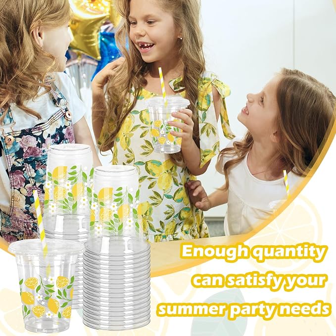 FYSUIMU 50Pcs 12Oz Lemon Floral Plastic Cup with Lid & Straw Yellow Green Flower Clear Disposable Drinking Cup for Summer Party Supplies