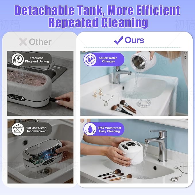 Ultrasonic Jewelry Cleaner with Detachable Tank, Makeup Brush Cleaner Machine Professional for Rings, Necklaces, 4 Modes with U-V, Portable Quiet, IPX7 Waterproof – Also Ideal for Retainers & Dentures