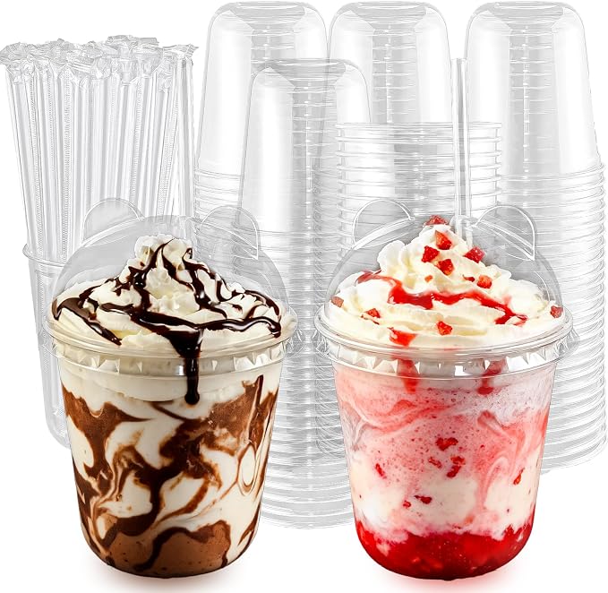 Qsqwsuye 50 Sets 12oz Disposable Transparent Plastic Cup with Panda Lids & Straws, Easy-to-Grip Design, Suitable for Iced Coffee, Milk Tea,Milkshakes,Perfect for Holiday Parties,Various Dining Occasio