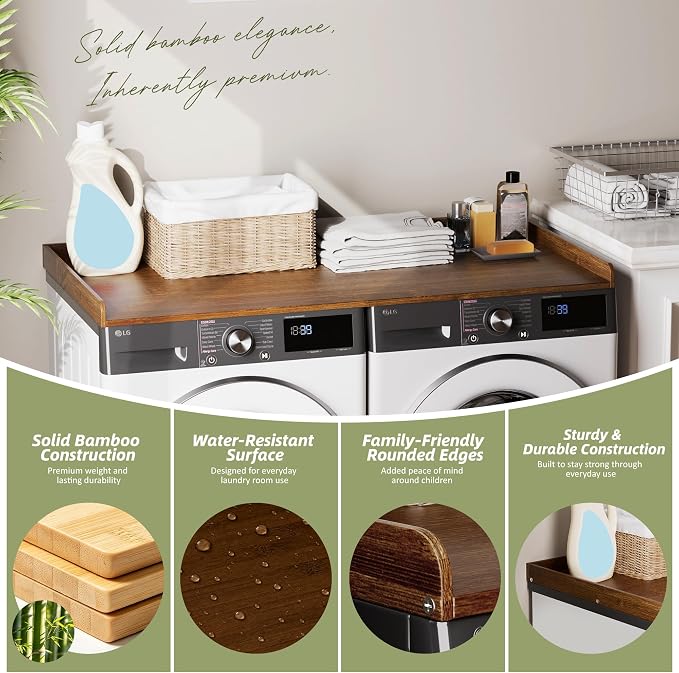 Washer Dryer Countertop, 54" x 27.5" Bamboo Countertop for Laundry Room, Washer and Dryer Topper with Edge Rails, Waterproof & Easy to Clean Laundry Organization Shelf, Natural