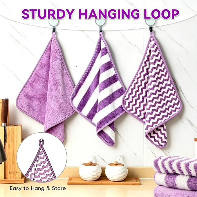 Microfiber Cleaning Cloth 6 Pack, Ultra Soft Absorbent Lint Free Reusable Kitchen Towels with Hanging Loop, 12x12 Inch Purple Dish Towels for Kitchen, Car & Household