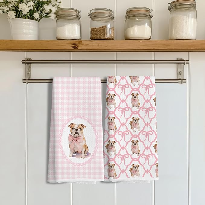 Coquette Pink Bow French Bulldog Dog Kitchen Hand Towels for Bathroom, French Bulldog Gifts for Women, Coquette Pink Goldendoodle Dog Girly Bathroom Kitchen Decor, 16x24 Inches Set of 2