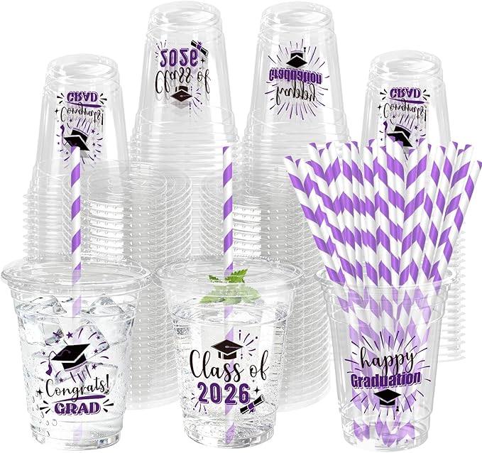 50 Pack Graduation Plastic Cups with Lids Straws 12 oz Purple Disposable Class of 2026 Decorations Graduation Party Favor Drinking Beverage Cup for Party Supplies Decorations
