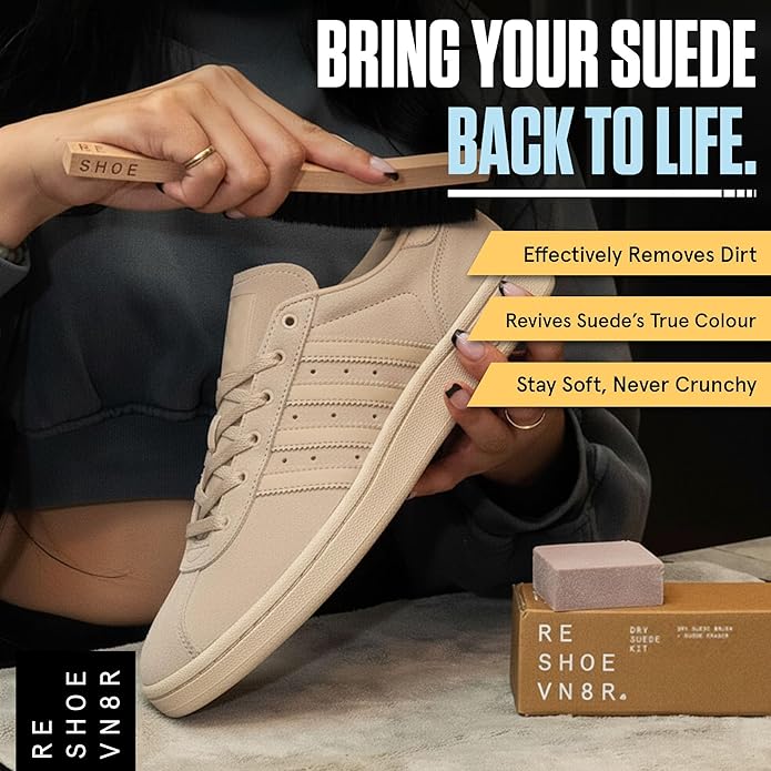 RESHOEVN8R Dry Suede Kit - Sneaker Cleaner & Shoe Care for Light-Colored Nubuck & Suede Shoes - Gently Removes Marks, Spots, & Scuffs - 1 Cleaning Brush & 1 Eraser