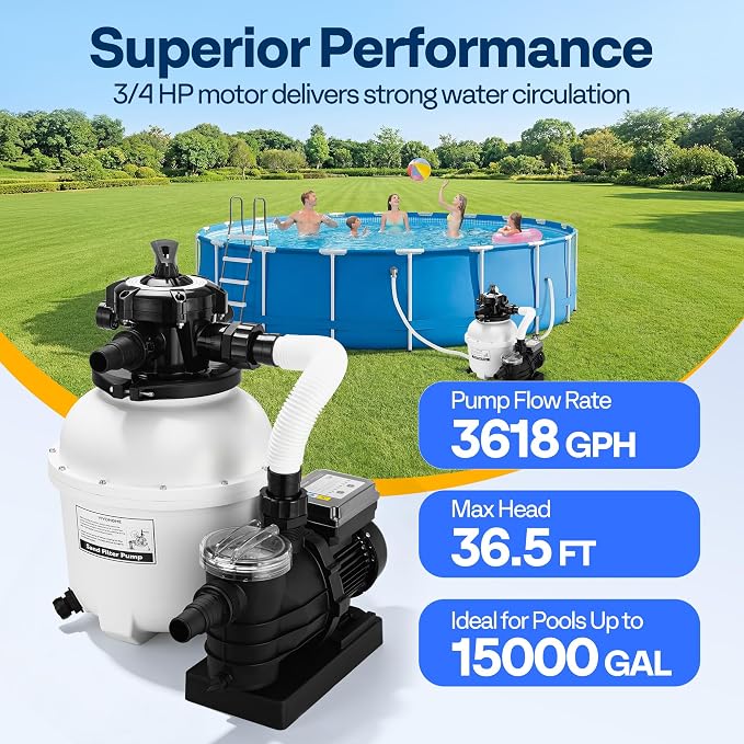 VIVOHOME 13 in Sand Filter Pump for Above Ground Pool, 0.75 HP 3618 GPH, Swimming Pool Filter System with 24H Timer & 6-Way Valve, High-Efficiency Filtration for Pools Up to 15,000 Gallons