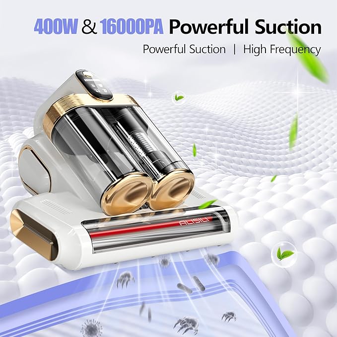 Bed Vacuum Cleaner, Mattess Vacuum with 16Kpa Powerful Suction 253.7nm UV-C Light, Ultrasonic Technology, 42000 RPM/Min Brushroll, Cordless Handheld Vacuum with Dual Bins for Dust, Pet Hair,etc