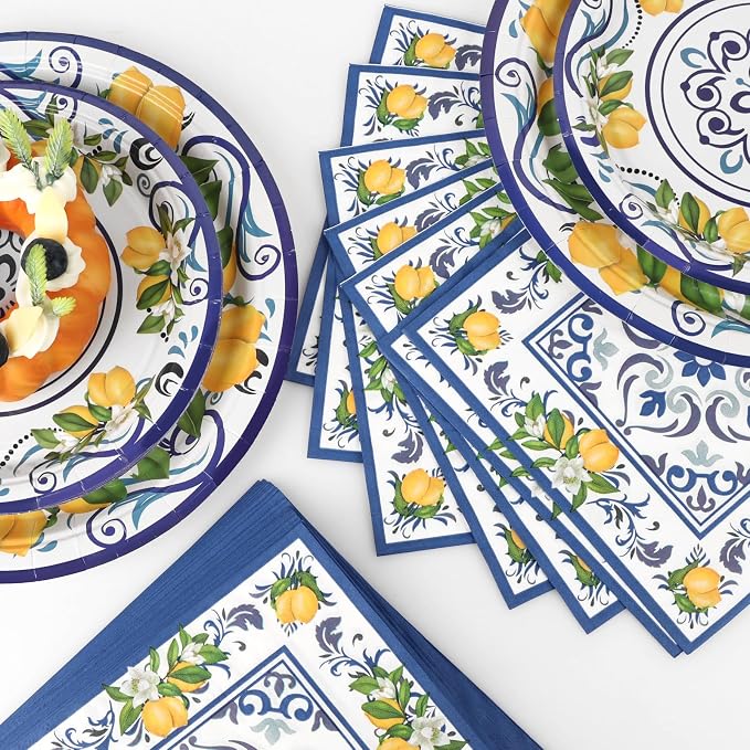 108 Pcs Lemon Party Plates and Napkins Blue Tiles Mediterranean Party Decor Disposable Tableware Sets Baby Shower Birthday Decorations Supplies Favors for 36 Guests