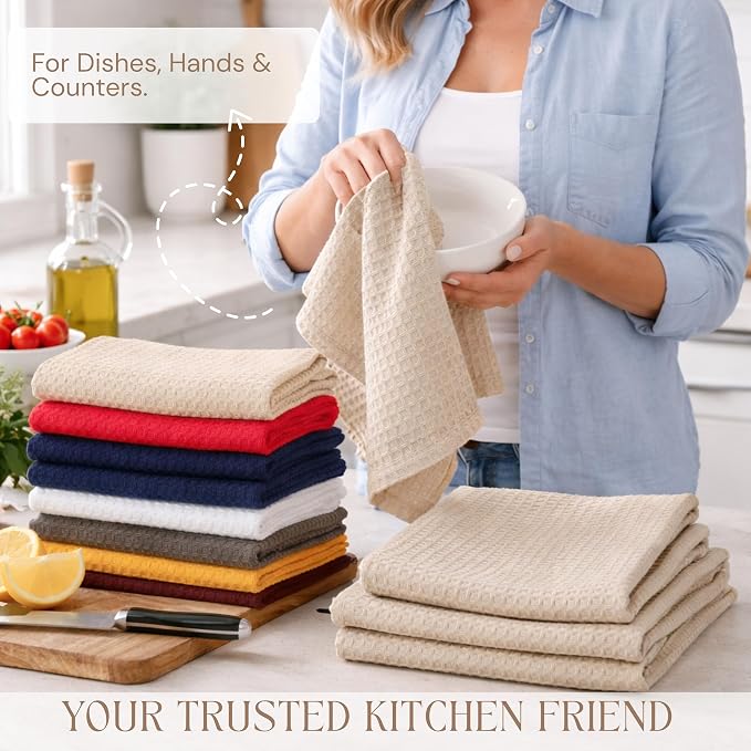 Beige Waffle Kitchen Dish Towels, 100% Cotton, Quick Dry, Super Absorbent, Soft, Lint-Free, 16x26 Inches - Ideal for Dish Drying, Bar, Tea, Cleaning, and Everyday Use, 12 Pack, Tan