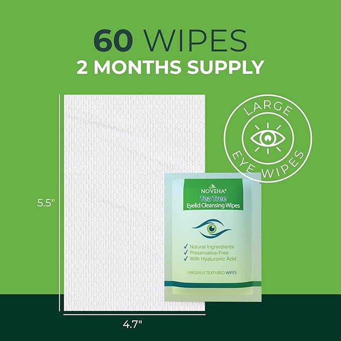 NOVEHA 120Pcs Tea Tree Oil Eyelid & Lash Wipes With Hyaluronic Acid, Green Tea & Chamomile For Blepharitis & Itchy Eyes, Individually Wrapped Eyelash Wipes, Natural Makeup Remover & Cleanser (2 Pack)