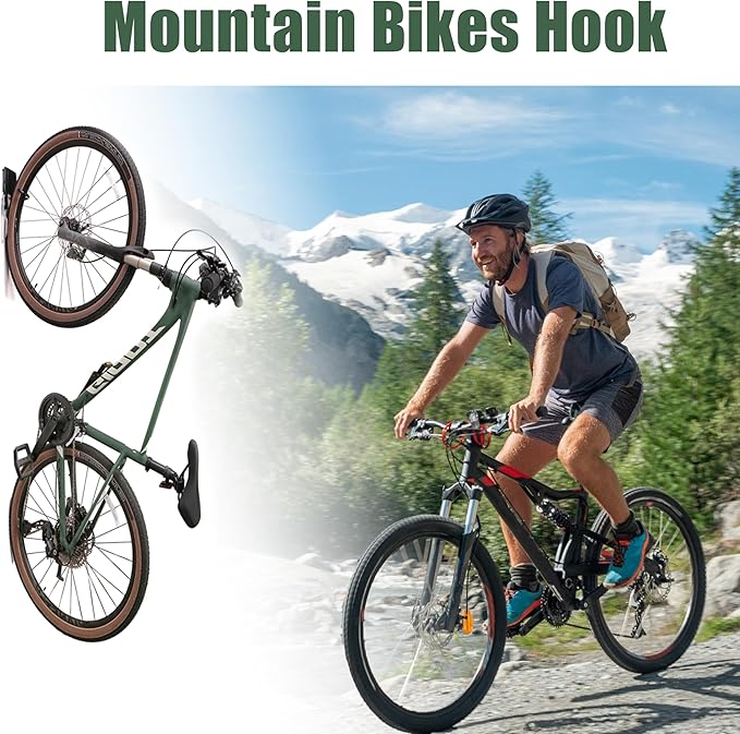 Bike Hook 2 Pack, Max 3 Inch for Mountain Bike eBike, 110 lbs Weight Capacity, with Extra Helmet Hook, Heavy duty Wall mount Bicycle Rack for Garage Storage