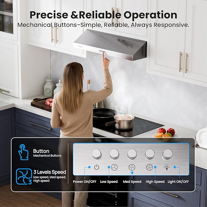 VIKIO HOME Under Cabinet Range Hood 36 Inch, 1200 CFM Dual-Motor Kitchen Vent with LED Lights, Button Control, Ducted Vent Hood, Reusable 5-Layer Aluminum Filters, Stainless Steel