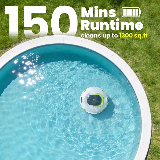 Y20 Robotic Pool Cleaner White+Retrieval Hook, Cordless Pool Vacuum for Above Ground & Inground Flat Pools with 150 Min Runtime, Auto-Parking, Up to 1300 Sq.Ft