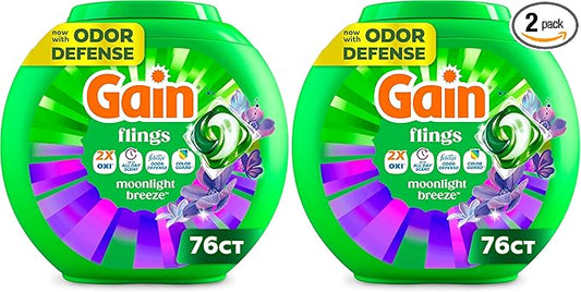 Gain Laundry Detergent Pacs, Moonlight Breeze | HE Compatible | Long Lasting Scent | 76 Count | Pack of 2
