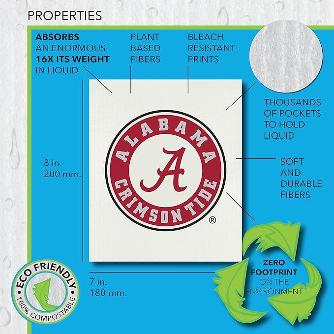University of Alabama- 3 Pack Swedish Dishcloths for Kitchen- Reusable Kitchen Towels for Dishwashing and Cleaning- Eco-Friendly Alternative to Paper Towels and Wipes- Machine Washable and Dryer Safe