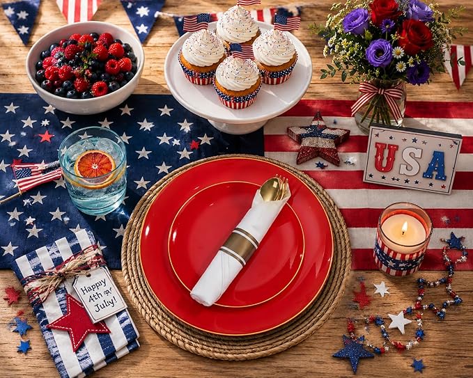 KIRE 350PCS Red Plastic Plates - Heavy Duty Red Plates Disposable - 50Guest Plastic Dinnerware Include 50Dinner Plate,50Dessert Plate,50Pre Rolled Napkins with Silverware for Wedding/Party