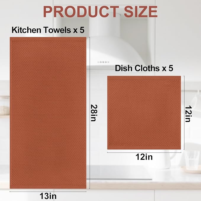 Homaxy 100% Cotton Kitchen Towels and Dishcloths Set, 12 x 12 Inches and 13 x 28 Inches, Set of 10 Bulk Kitchen Towels Set, Ultra Soft Absorbent Dish Cloths for Washing Dishes, Rust