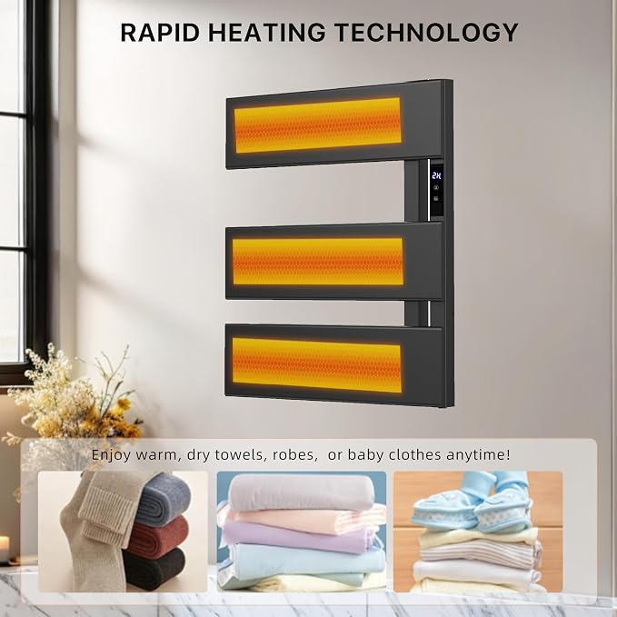 Electric Towel Warmer with Smart LED Timer, Modern [2/3/4] Bar Large Panel Heated Towel Rack, Wall-Mounted Plug-in/Hardwired 2-in-1, Rapid Warmth for Bathrooms, [Matte Black/Alpine White]