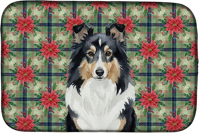 Caroline's Treasures Tricolor Sheltie Christmas PoinsettIas Dish Drying Mat Absorbent Dish Drying Mat Pad for Kitchen Counter Dish Drainer Mat for Countertop, 14 x 21", Multicolor