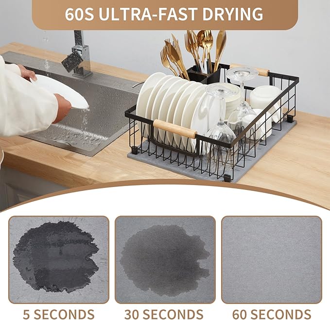 Dish Drying Rack with Stone Drying Mat, Dish Drainer and Diatomaceous Earth Dish Mat, Dish Drainers for Kitchen Counter with Stone Dish Mat