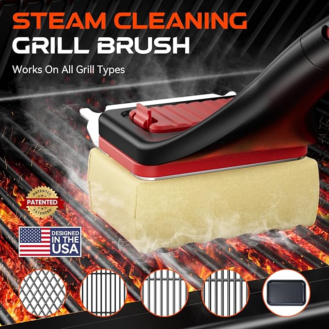 NEWKITCHEN Grill Brush Bristle-Free Steam Cleaning, BBQ Brush Replaceable Heat-Resistant Kevlar Head with Grill Scraper Safe Barbecue Grill Cleaner for All Grill Types (2 Pack Cleaning Head)