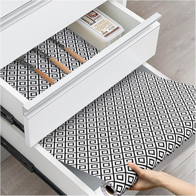 Drawer and Shelf Liner, Non-Slip Kitchen Cabinet Liners Non-Adhesive Thick Strong Grip Waterproof Washable Mats Protect Dresser Shelves Cupboard Bathroom Cabinets, Black & White, 18 in X 10 FT