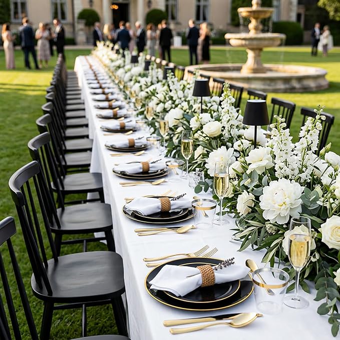 KIRE 350 PCS Plastic Dinnerware Set for 50 Guests - Black and Gold Plates 50 for Dinner 50 for Dessert & 50 Pre Rolled Napkins with Disposable Silverware 50 Cups for Graduation/Wedding/Father's Day