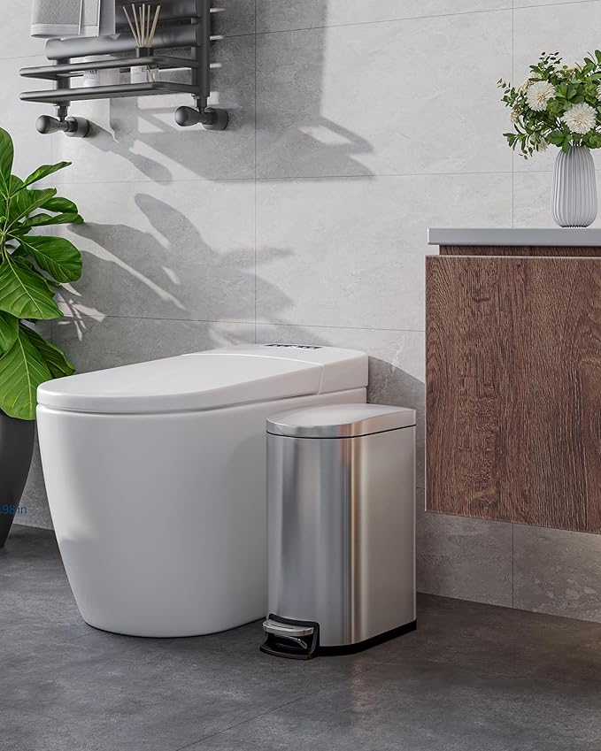 Bathroom Trash Can with Lid,2.6 Gallon / 10L Small Garbage Can, Slim Step-on Metal Trash Bin with Inner Bucket, Rear Handle, Soft Close Lid,Stainless Steel Wastebasket for Bathroom, Bedroom, Office