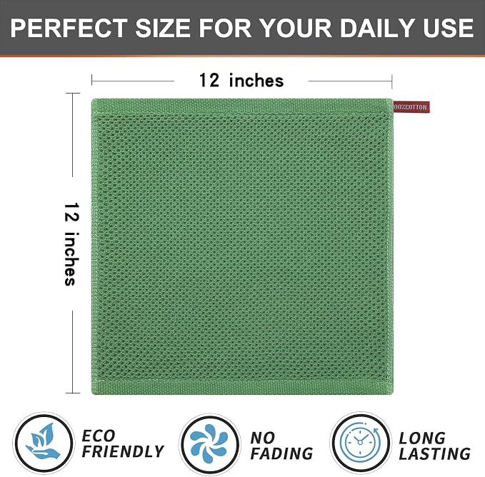 Kitinjoy 100% Cotton Kitchen Dish Cloths (12 X 12 Inches, Grass Green), 12 Pack Waffle Weave Ultra Soft Absorbent Dish Towels for Drying Dishes Quick Drying Kitchen Towels Dish Rags