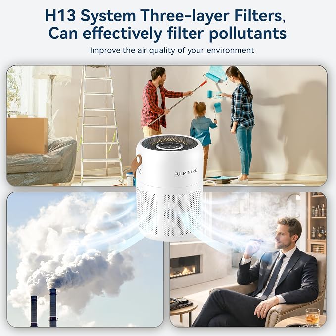 FULMINARE Air Purifiers for Home Bedroom Up to 680 Ft², with H13 HEPA Air Purifier, 360° Intake for Pet Hair, Smoke, Odors. Features 3 Speeds, Timer, 24dB Quiet & Night Light, (White)