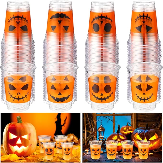 Bokon 100 Pcs Halloween 12 oz Plastic Cups Pumpkin Design Disposable Cocktail Glasses Happy Halloween Cute Disposable Cups for Coffee Juice Hot Cold Drinks Party Supplies 4 Styles