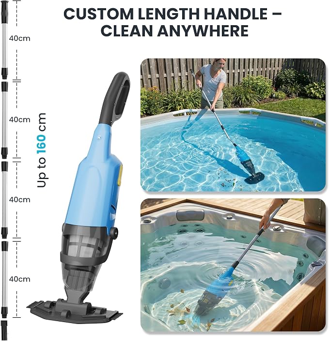 Cordless Pool Vacuum Above & Inground Pools, Powerful 15GPM Suction, Handheld Pool Vacuum with 4 Section Pole up to 87", 1H Runtime, Debris Filter Bin, Rechargeable Pool Cleaner for Spas & Hot Tubs