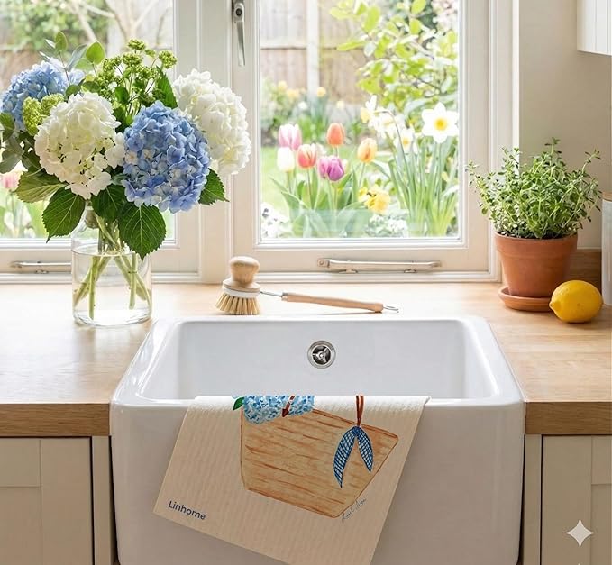 Garden Collection Hydrangea Swedish Dishcloth, Reusable Paper Towel, Super Absorbent Cellulose Sponge, Kitchen Cleaning Cloth, Washable & Compostable (Blue Hydrangea - 4 Pack)