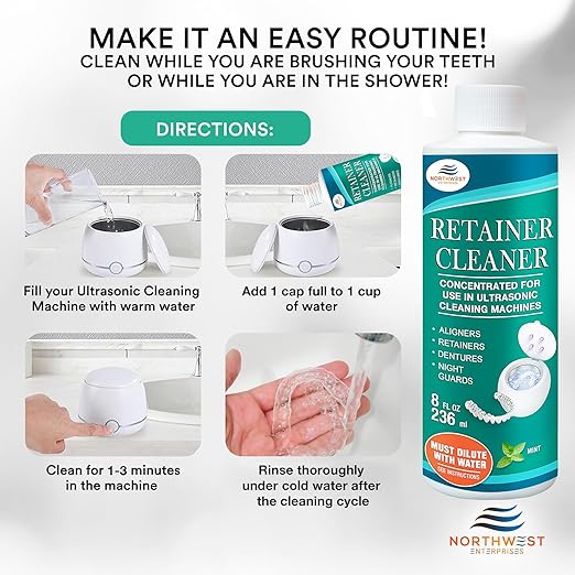 Ultrasonic Retainer Cleaner Solution Concentrate - Ultrasonic Denture Cleaner for Ultrasonic Machines - Cleans Mouthguards, Invisalign, and Nightguards - Updated Formula (Mint) (32 Ounces)