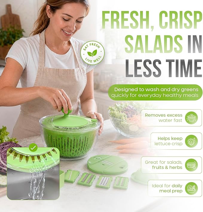 5-in-1 Salad Spinner Large with Lid Vegetable Washer and Dryer Fruit Cleaner Vegetable Chopper & Slicer with 5 Blades, 5 Qt Lettuce Spinner Strainer Shredder Bowl Egg Yolk Separator for Easy Meal Prep