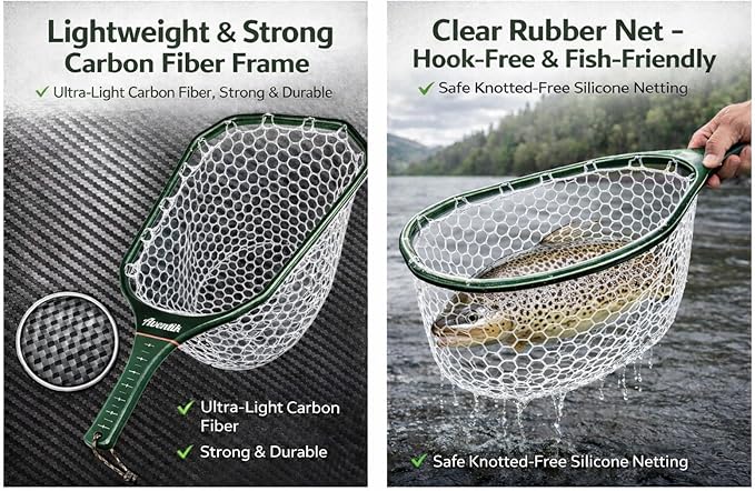 Aventik Floating Fly Fishing Net Carbon Fiber Square Landing Net with Accurate Measuring Handle Clear Rubber Ghost Mesh for Professional Trout Fishing Catch & Release