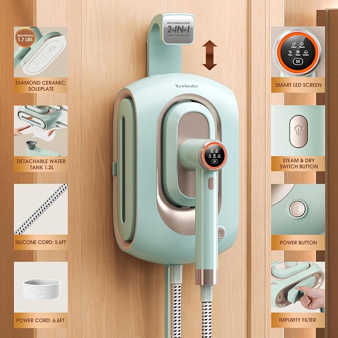 Newbealer 2In1 Pro Station Iron, 1550W Turbo Steam, 1.2L Tank (Green) | Hanging Garment Steamer, 3-Level Steam & 3 Dry Ironing, 30s Heat Up, Self Clean, Auto-Off, Versatile for Home/Hotel/Boutique