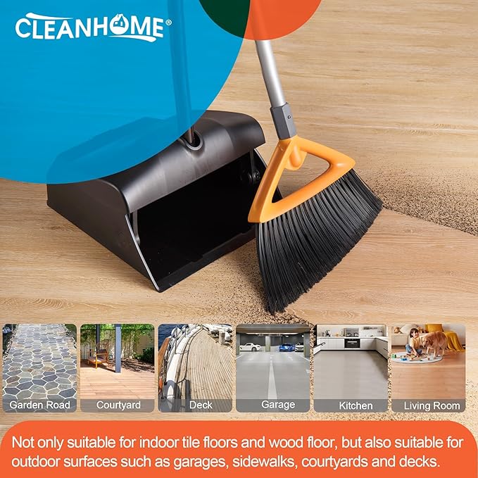 CLEANHOME 3 Pack Heavy Duty Outdoor Broom with Long Handle for Patio,Lobby,Garden,Kitchen,Deck,Yard,Sweeping -Commercial Grade Angle Broom with Stiff Bristles and Sponge Handle