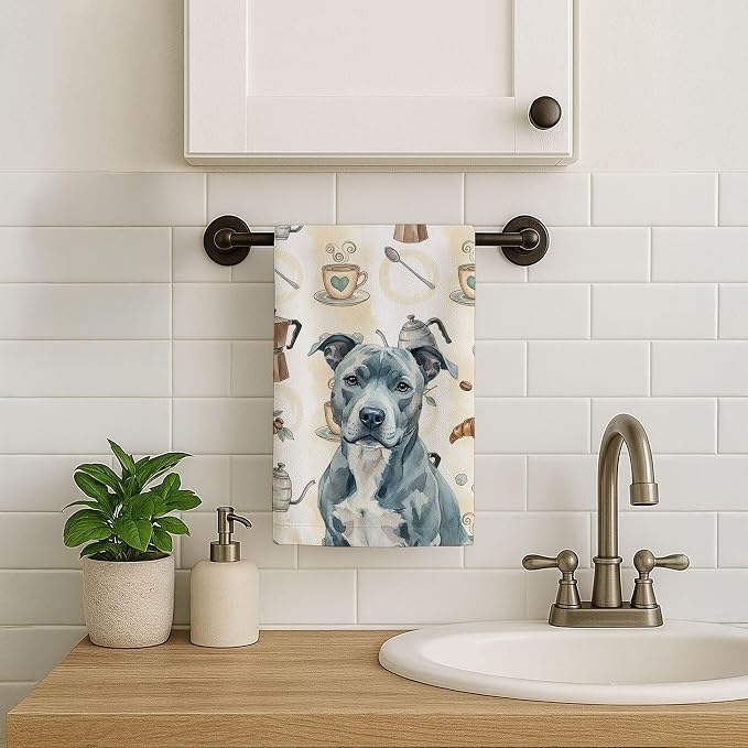 Caroline's Treasures Blue American Staffordshire Terrier Coffee Bar Kitchen Towel Velour Plush Front and Cotton Loop Back Machine Washable