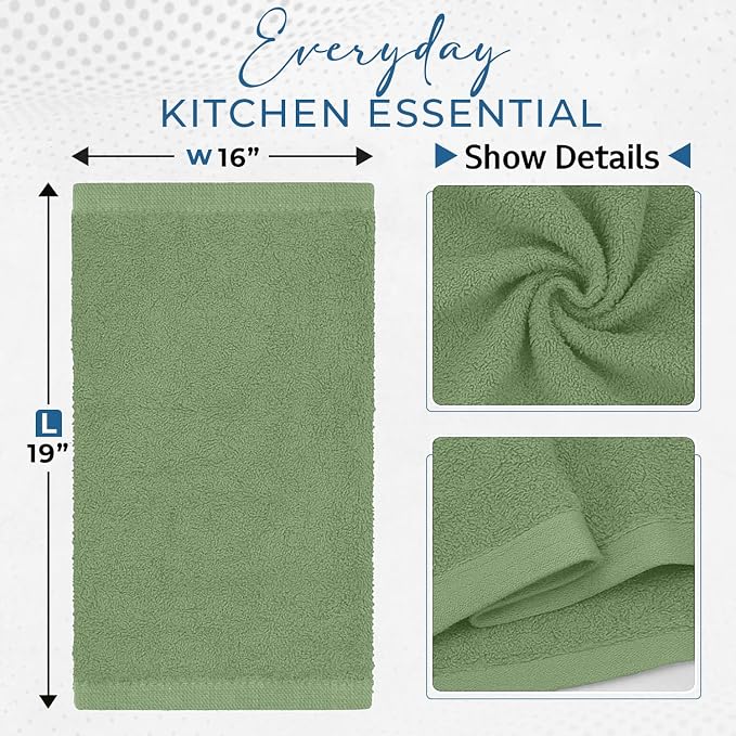 DAN RIVER Kitchen Bar Mops,Pack of 12,16 by 19 Inches,100% Cotton Super Absorbent,Multi-Purpose Cleaning Towels for Home and Kitchen Bars-Sage Green