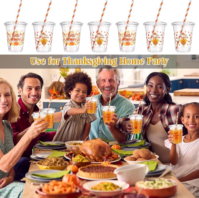Yaomiao 300 Pcs 12 oz Thanksgiving Day Plastic Cups with Lids and Straw Fall Plastic Party Cups Thanksgiving Disposable Clear Tumbler Hello Party Turkey Pumpkin Drinking Tumbler Set for Autumn Supply