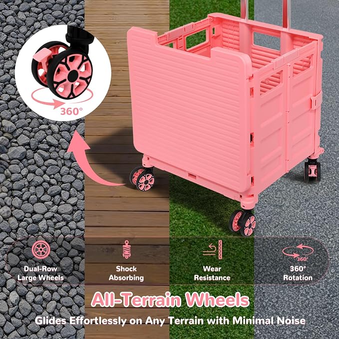 FELICON SELORSS Folding Utility Cart Portable Rolling Crate Handcart on Rotate Wheels with Magnetic Sliding Lid Telescoping Handle Lockable Transparent Front Panel for Travel Shop Office Teacher(Pink)
