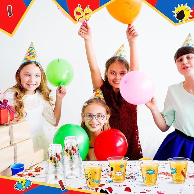 Uiifan 50 Pcs Hero Party Cups Supplies Bulk Comic Hero's Action Birthday Party Decoration 12 oz Cityscape Buildings Disposable Clear Plastic Cups for Hot Cold Drinking Birthday Favor