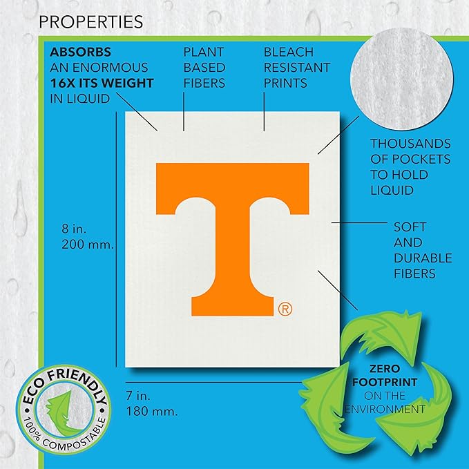 University of Tennessee- 3 Pack Swedish Dishcloths- Reusable Kitchen Towels for Dishwashing and Home Cleaning- Eco-Friendly Alternative to Paper Towels and Wipes- Machine Washable and Dryer Safe