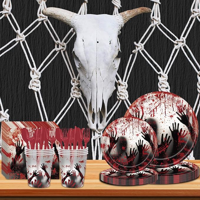 168 Pcs Bloody Halloween Supplies Serve 24 Zombie Horror Halloween Birthday Party Decorations Scream Bloody Good Time Party Plates and Napkins Dinnerware Set Horror Movie Decorations