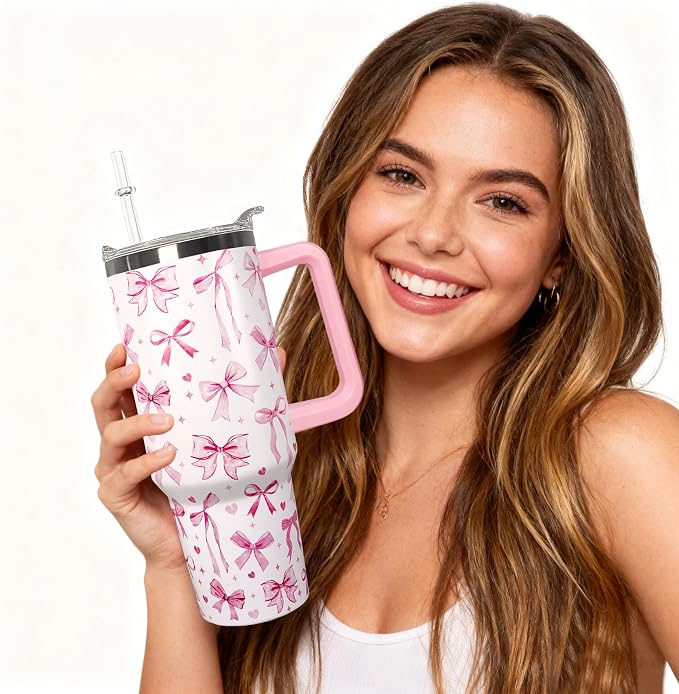 Ceovfoi 40 Oz Pink Bow Tumbler With Handle, Pink Bow Decor Coffee Travel Mug Cup Water Bottle, Gifts for Women Girls