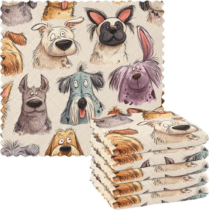 Beige Cartoon Pet Dogs Kitchen Towels Dish Cloths Set of 6 Microfiber Cleaning Cloths for Cars Super Absorbent Machine