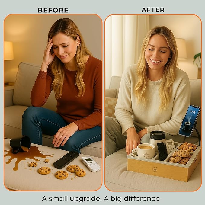 Couch Caddy with Cup Holder | Wood Couch Cup Holder Tray for Drinks, Snacks & Remotes | Couch Tray for Bed, Car Seat & Beach Organizer (Black)
